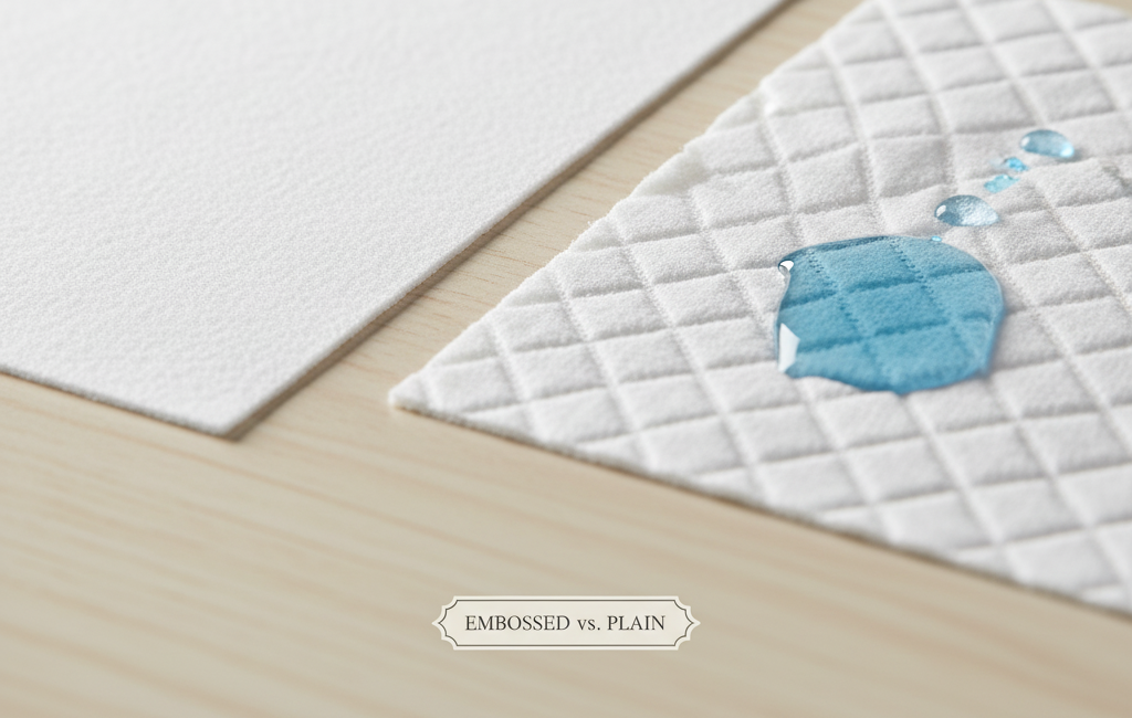 A comparison of embossed spunlace vs plain spunlace fabrics, showing the difference in texture and feel.